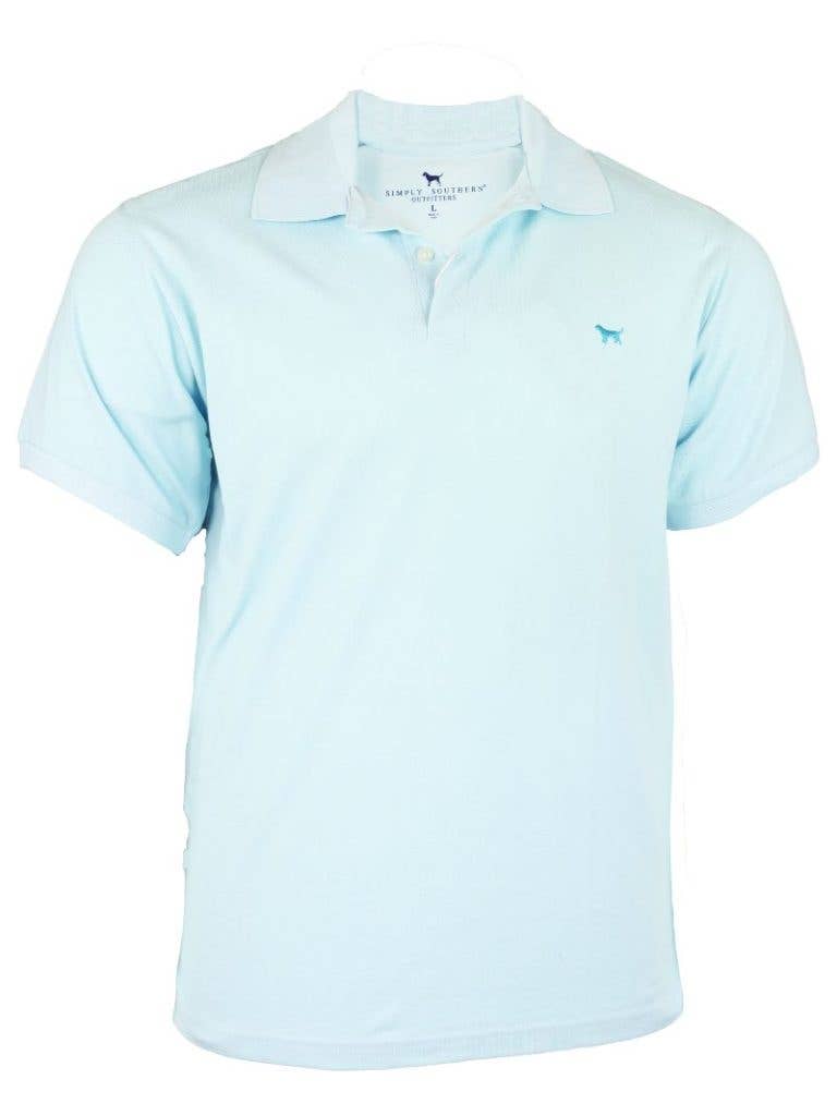 Men's light blue 100% cotton polo, short sleeves, button-up collar, dark blue dog logo. Available sizes: S-XXL.