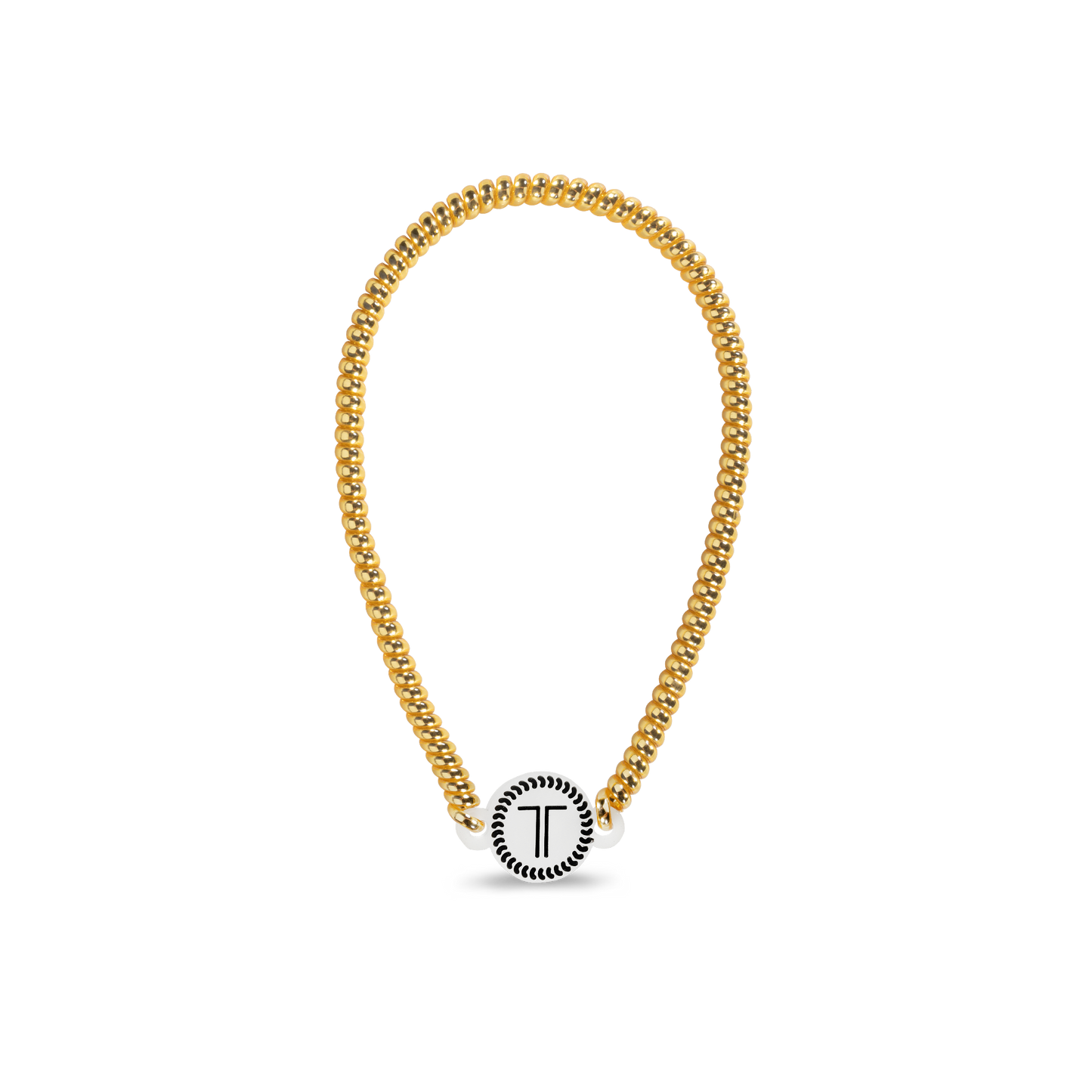Gold chain bracelet with round white clasp, black "T" design. Available in small, medium, and large sizes.