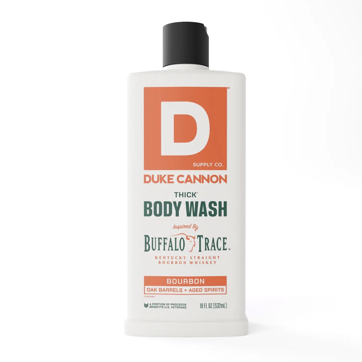 18oz Thick Body Wash Bourbon with oak barrel scent and high viscosity. Packaging features orange, black, and green text on white, bold orange "D" at the top. Size: 18 oz.