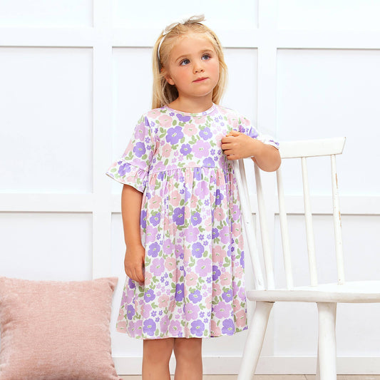 Floral Frolic Bamboo Dress: light purple, floral, hypoallergenic, ruffled sleeves. Sizes: 2T–6T.