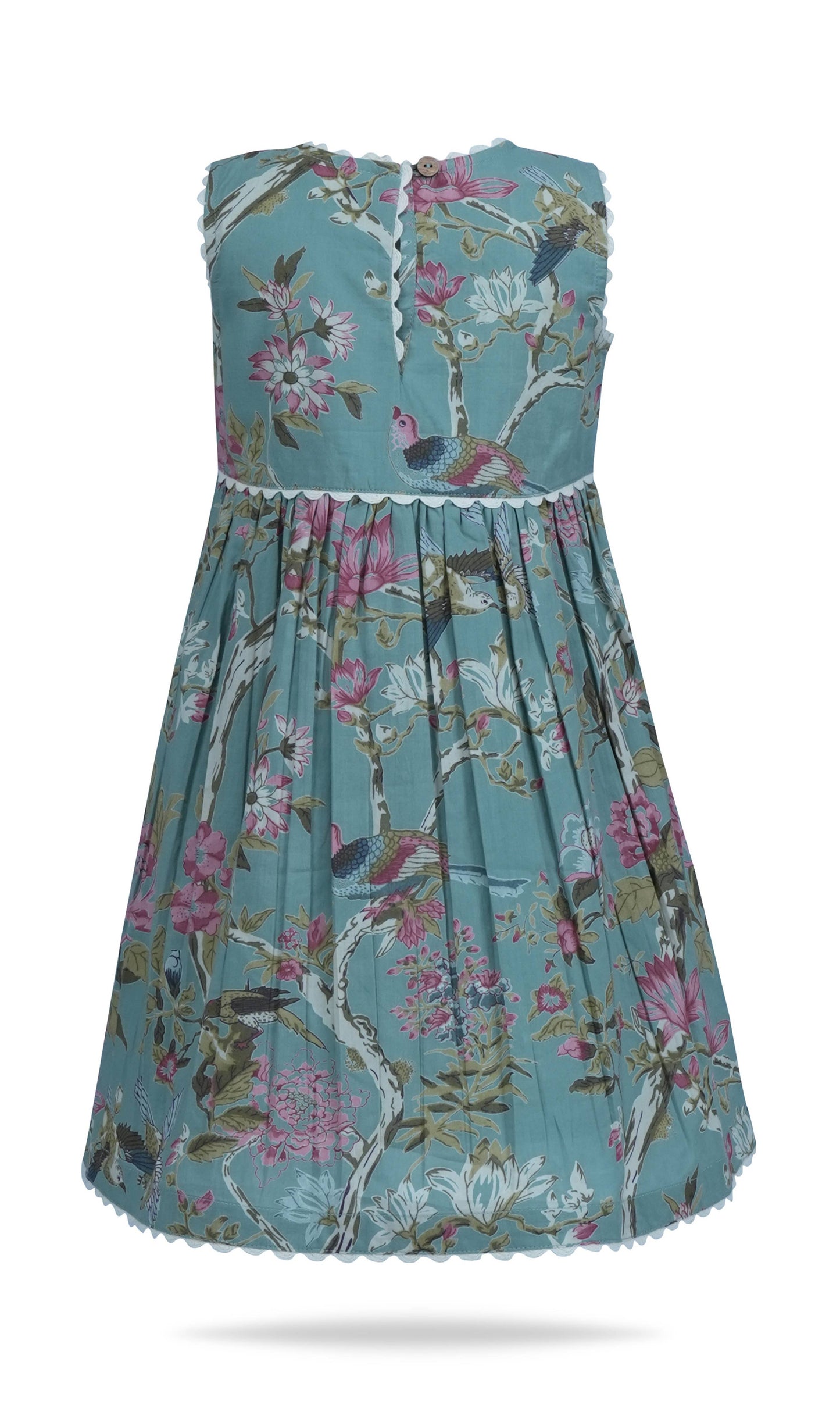 Sleeveless infant dress in sage with pink, green, and white floral and bird prints. Gathered skirt, white scalloped trim. Sizes: NB-24M.