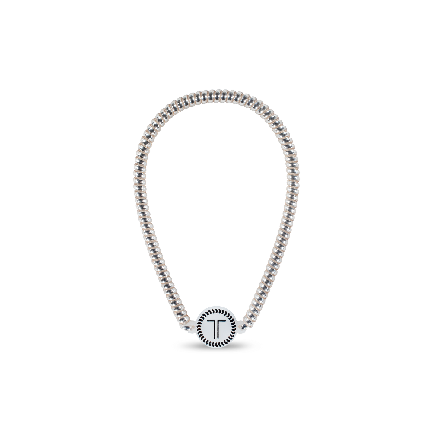 Silver beaded necklace with round “T” pendant and decorative border. Available in 16", 18", and 20" sizes.