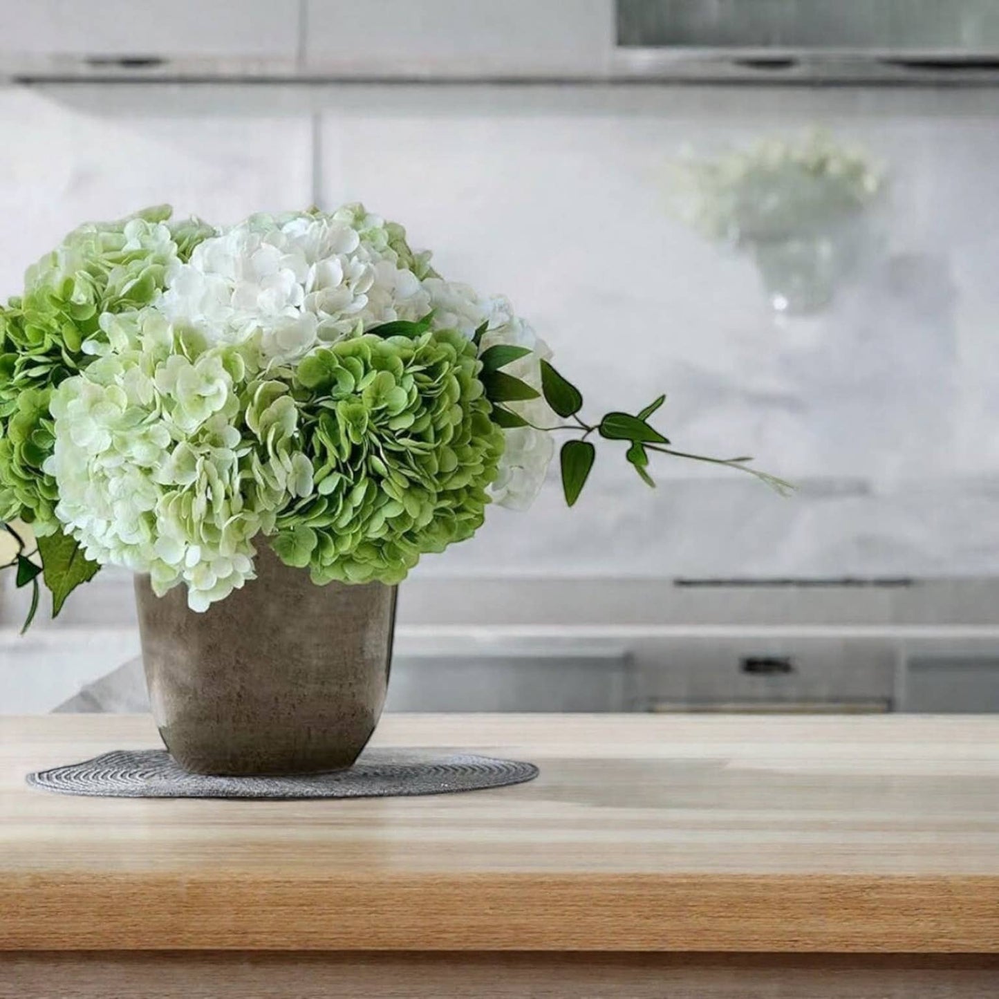 18" Large Bloom Supreme Real Touch Hydrangea in light green arranged in a gray vase. Available size: 18".