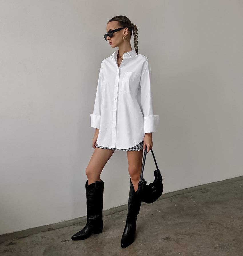 White Lapel Collar Button Down Fit Daily Shirt. Available in sizes S, M, L, XL.