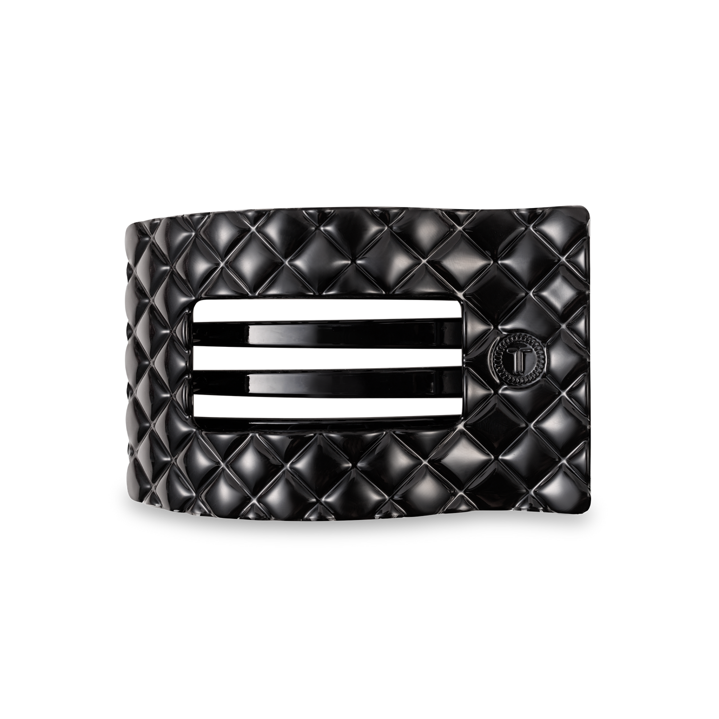 TELETIES Flat Rectangle Hair Clip in black, quilted pattern, sleek lines. Available in small and large sizes.
