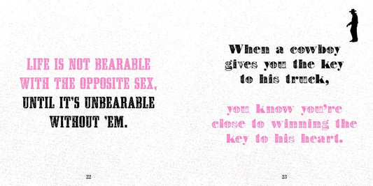 Cowgirl's Guide to Life" book, wit-filled quotes, cowboy hat art. Available in standard hardcover and paperback sizes.