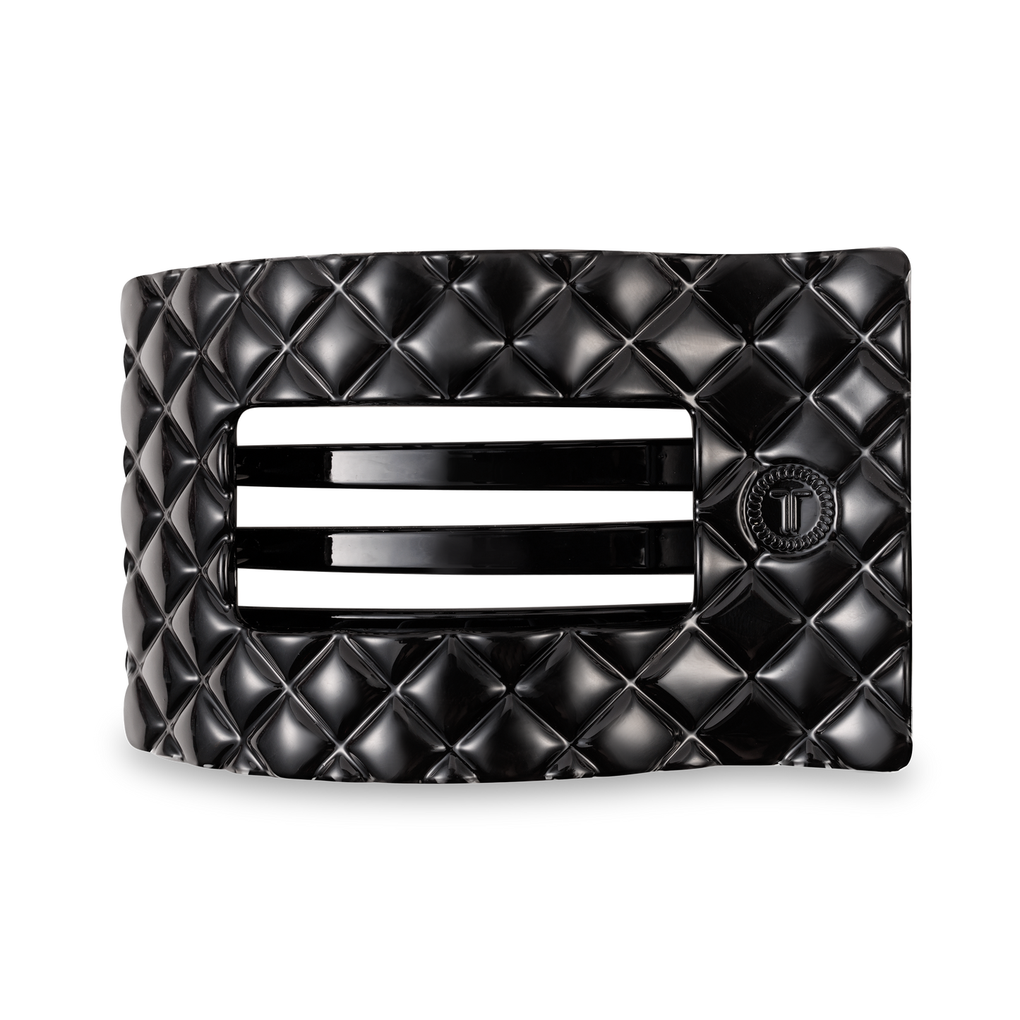 Glossy black TELETIES Flat Rectangle Hair Clip with quilted pattern, two center slits, circular button. Available in multiple sizes.