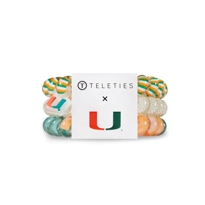 Three TELETIES Hair Ties in Miami Hurricanes colors; available in small, medium, and large sizes.