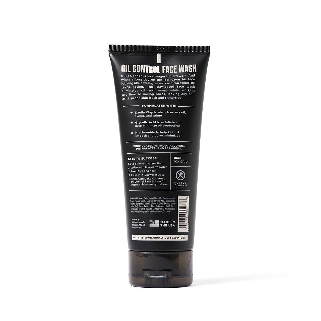 Black Oil Control Face Wash tube, cap at bottom, white text on back. For oily/acne-prone skin. Sizes: 100ml, 200ml.