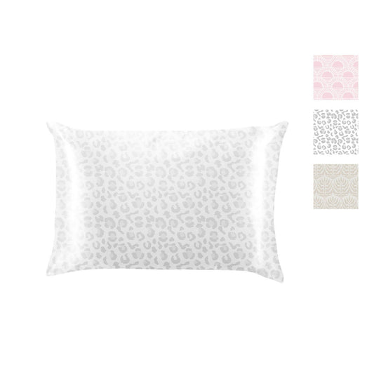 Rectangular light gray leopard print silky pillowcase available in standard and king sizes. For beauty sleep and frizz control.