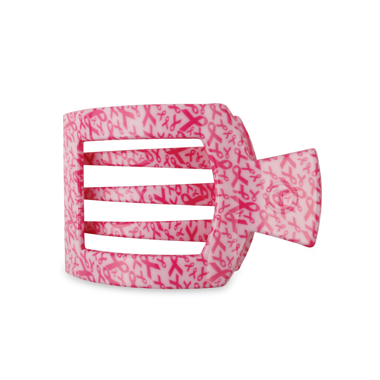 The TELETIES Square Flat Hair Clip is a pink claw clip with small pink ribbons on a light pink background, designed for breast cancer awareness. It features a strong grip and rectangular cutouts for secure hair hold. Available sizes: small, large.