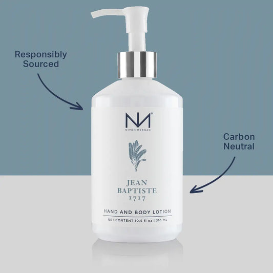 Jean Baptiste Hand and Body Lotion in a white bottle with white label; available in 8oz and 16oz sizes.