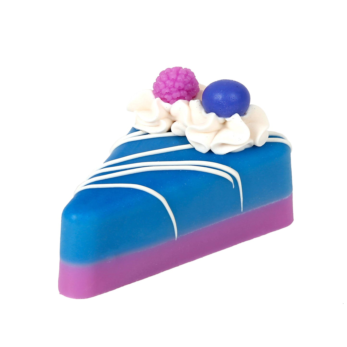 Handmade Artisan Pie Soap Mix: blue-purple base, white icing, pink raspberry and blue sphere top. Available in various sizes.