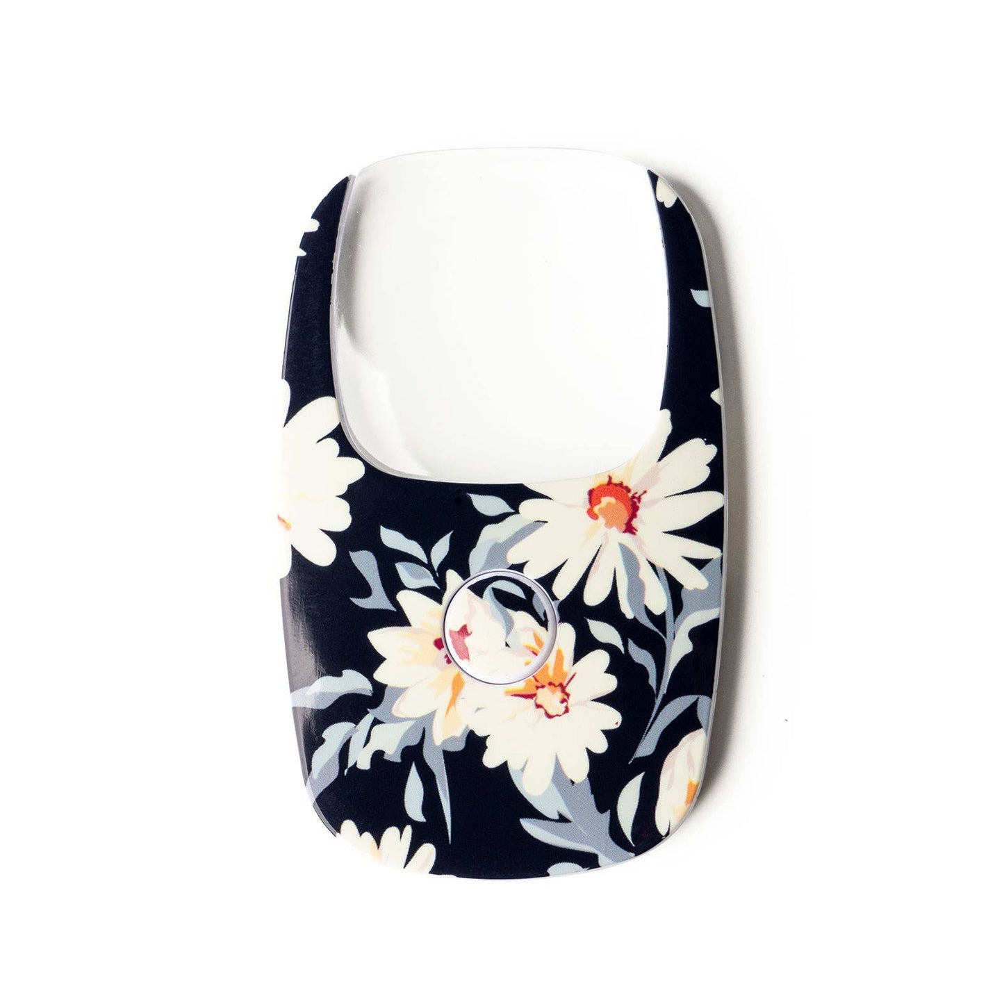 Rectangular black case with daisy pattern, metal ring, top cutout, 2X magnifier. Available in multiple sizes.