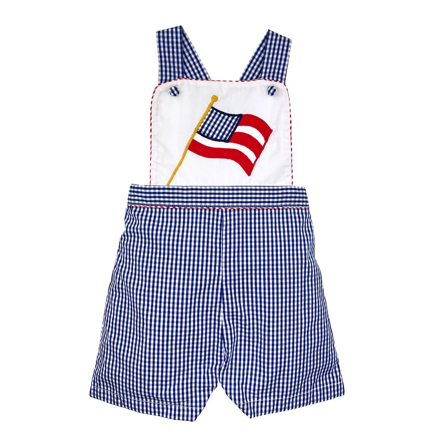 Blue and white gingham baby romper with shoulder straps, embroidered flag detail. Available in sizes 0-24 months.