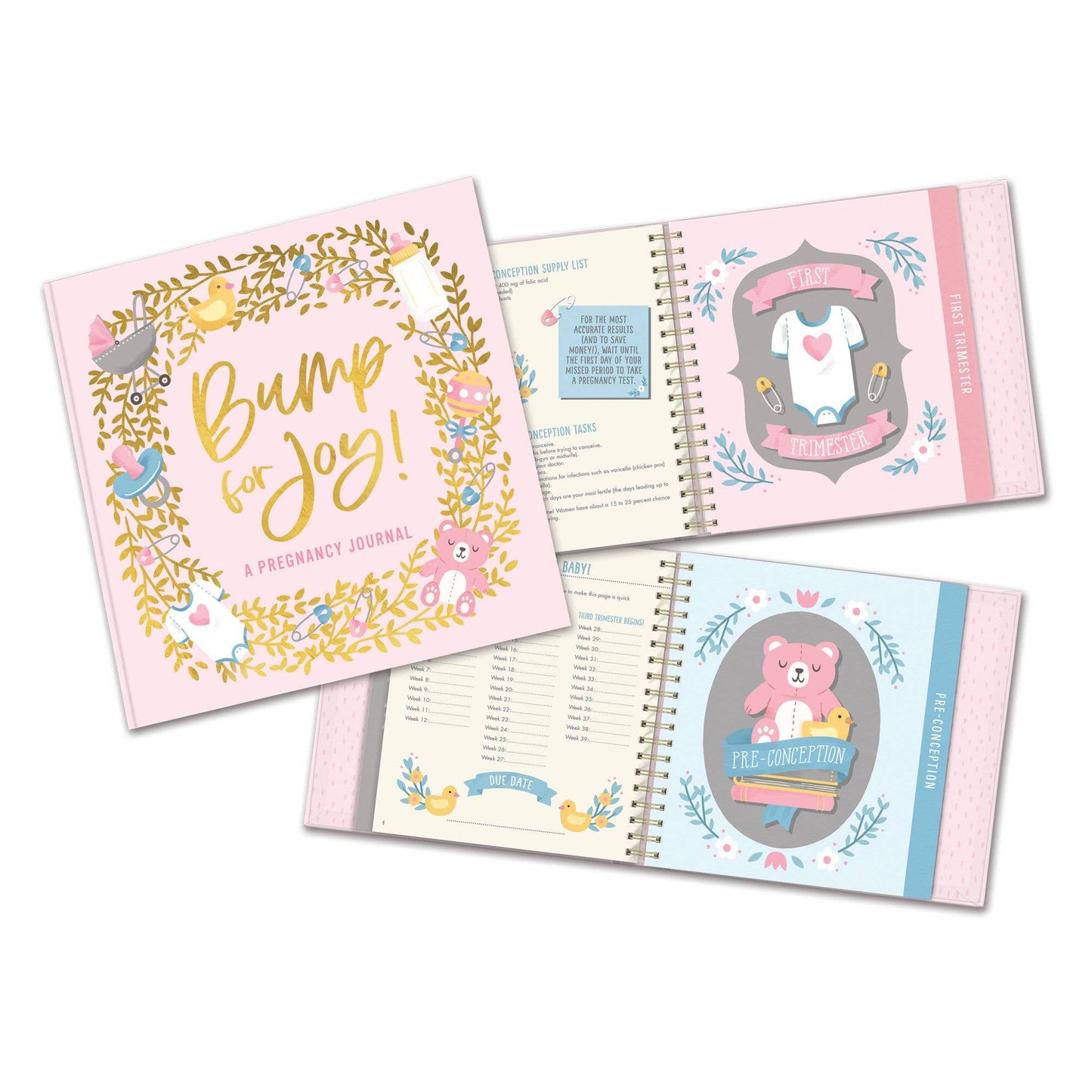 Bump for Joy: A Pregnancy Journal (Pink)" with gold, floral cover, animal art, milestone sections. Sizes: standard.