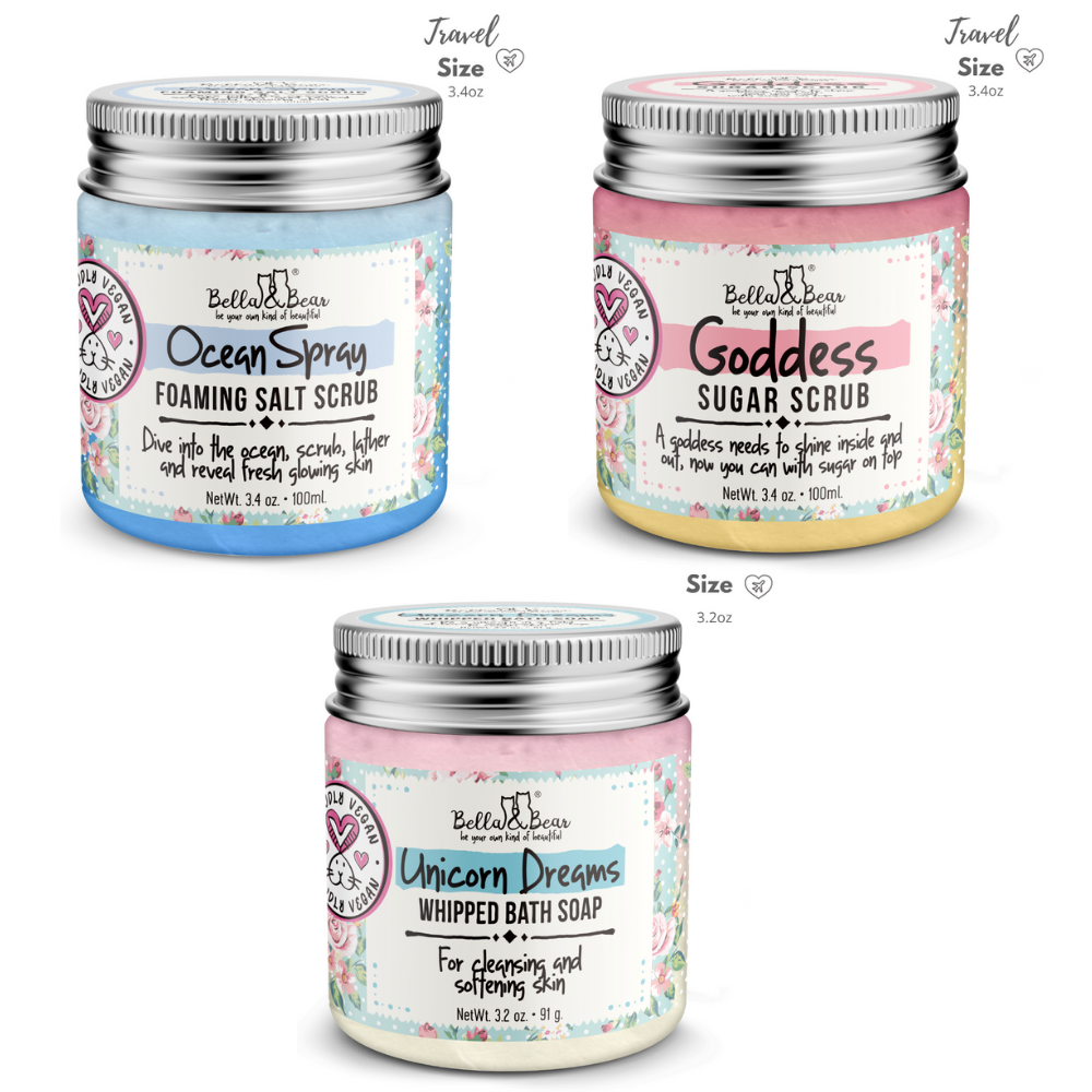 Three 3.2oz BeBella Beuca jars: Ocean Spray Salt Scrub (blue), Goddess Sugar Scrub (pink), Unicorn Dreams Whipped Soap (purple).