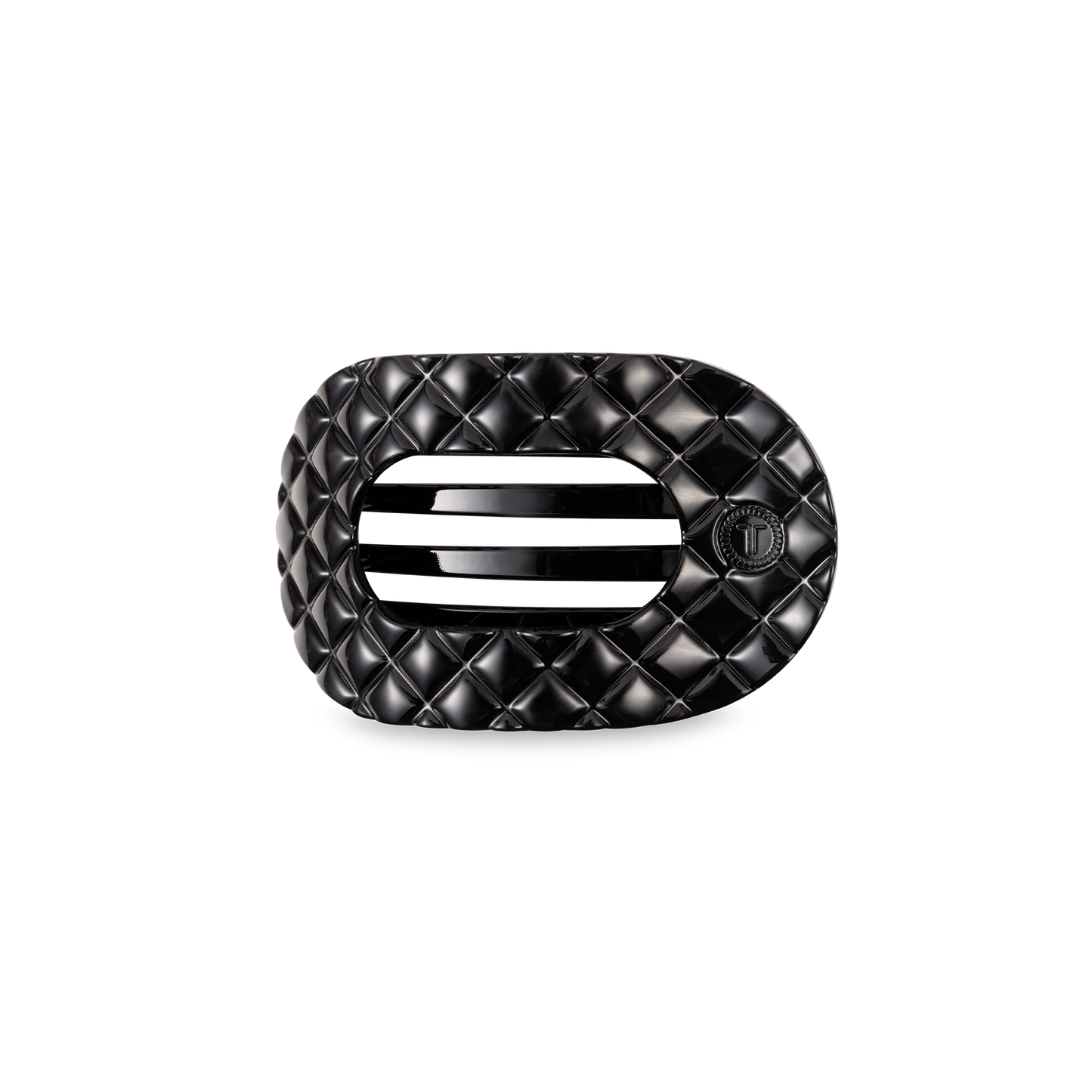 Black quilted rectangular buckle with rounded edges, two slots, small circular emblem; available in small and large sizes.