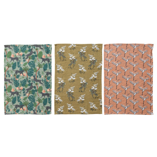 Cotton Double Cloth Kitchen Towel with an animal design on mustard. Sizes available: Standard kitchen towel size.