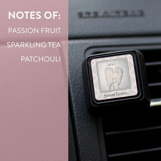 Auto Vent Clip Sweet Grace car fragrance with angel wings; scents of passion fruit, sparkling tea, patchouli. Sizes: standard.