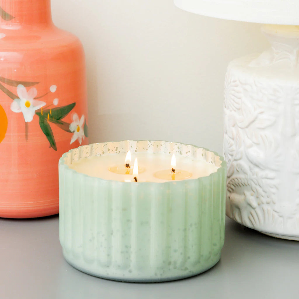 Sweet Grace Collection Candle #065 in pale green ribbed jar. Soy-blend wax. Signature fragrance. Available in 8 oz and 15 oz sizes.
