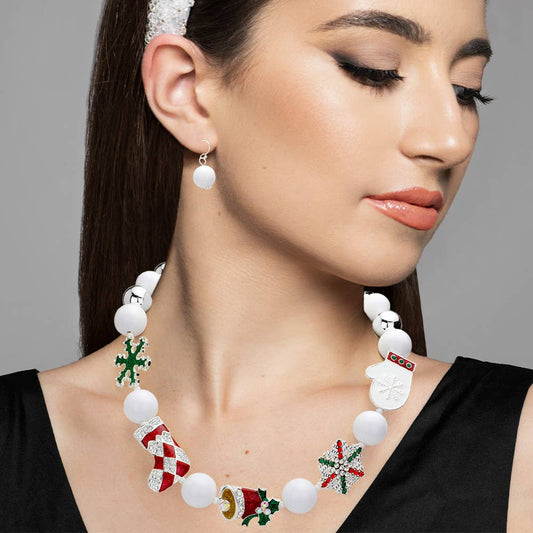 Snowflake Christmas Socks Jingle Bell Glove Beaded Necklace: MULTI