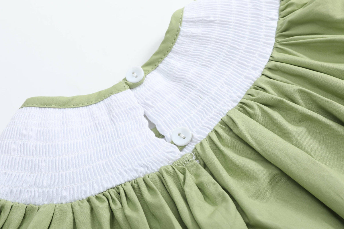 Pistachio Green Mallard Duck Smocked Bishop Dress for ages 18-24M with a smocked white collar and two white back buttons.