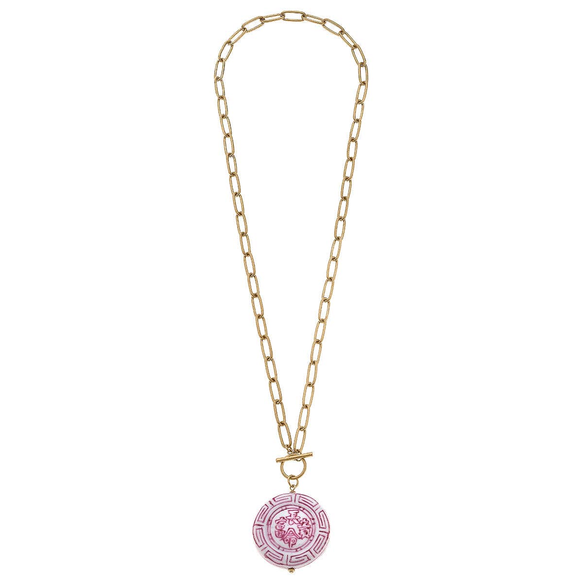 Gold chain necklace with large links, round pink pendant, Greek key border, Medusa head detail. Sizes: S, M, L.