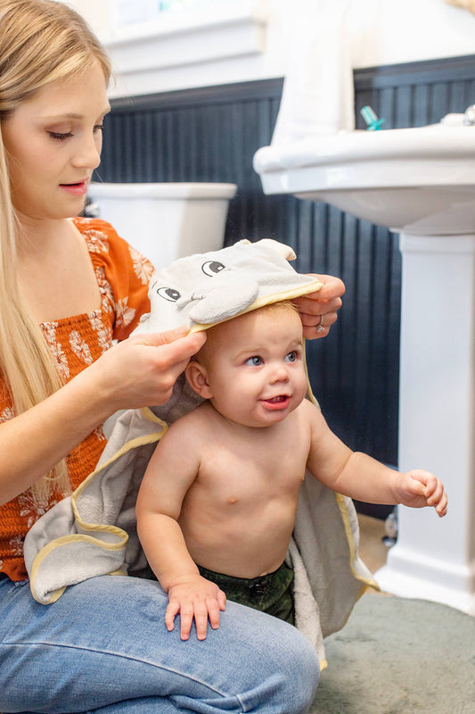 Rub A Dub Elephant Gift Set: hooded towel with animal face, available in infant sizes. Book and squirt toys not included.