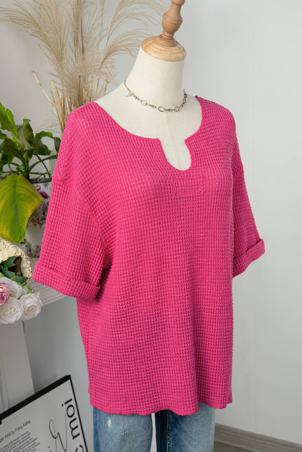 Women Textured Knit Split Neck Short Sleeve Top