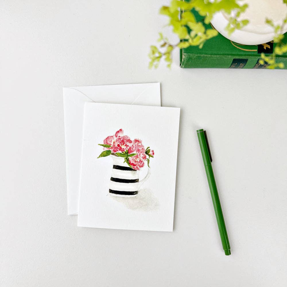 Set of 8 notecards with watercolor pink flowers in striped vase, includes envelopes. Size options not specified.