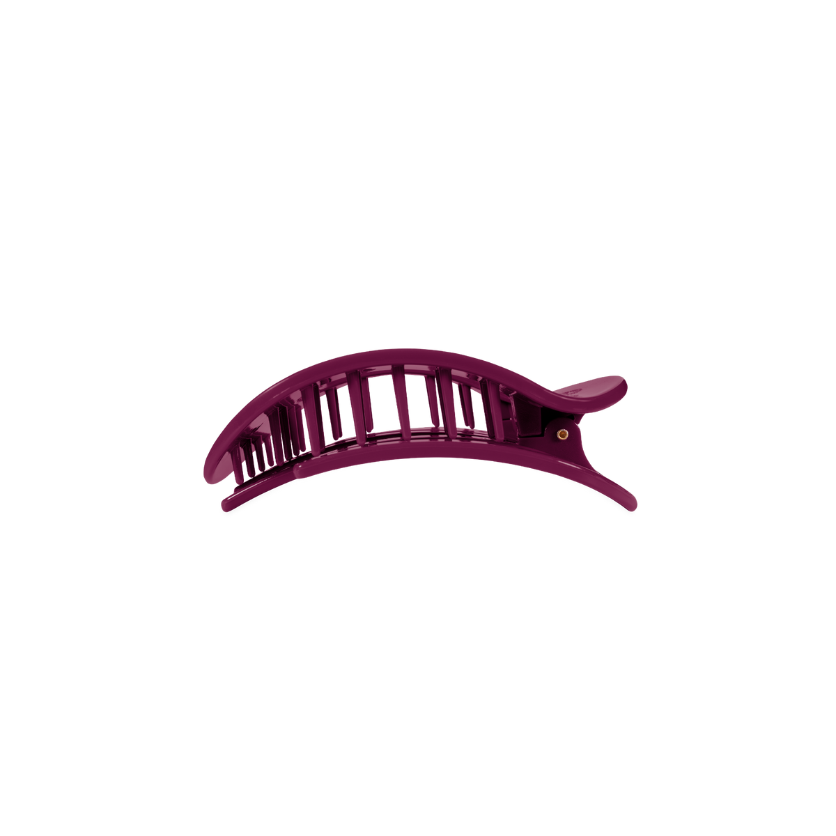 The Mulberry Small Flat Round Hair Clip has a purple curved plastic design with evenly spaced teeth and a hinge. Available in small size.