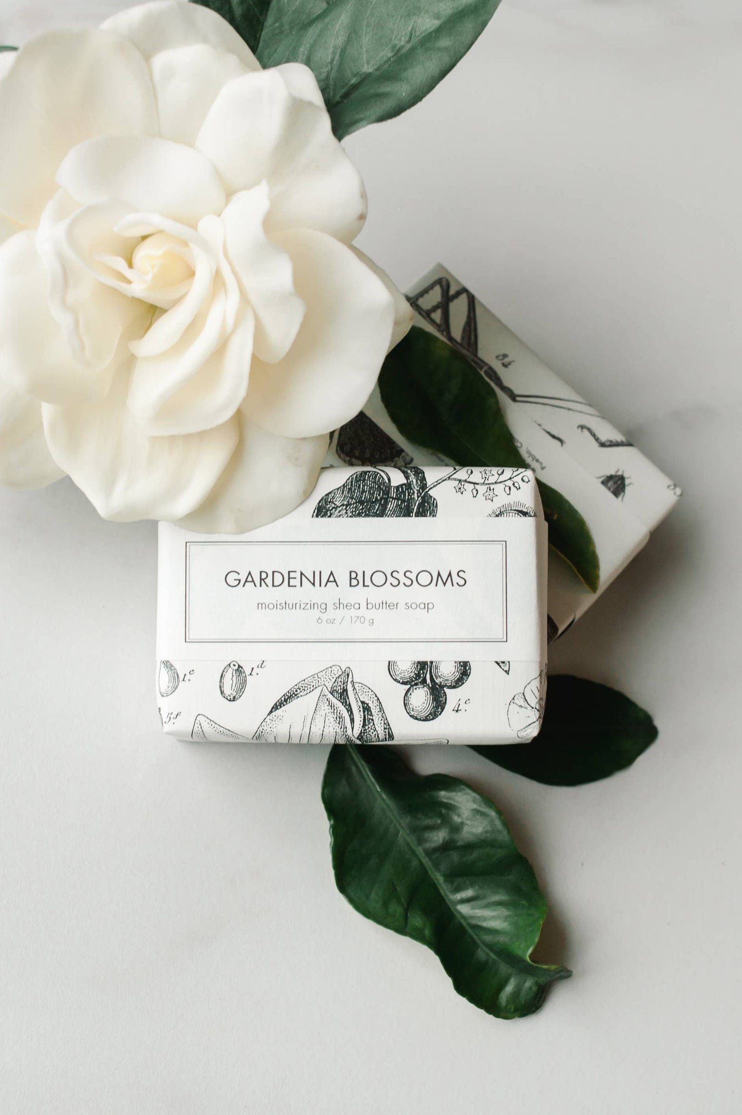 The product is a Gardenia Blossoms Soap - Bath Bar, enriched with the elegant white gardenia flower essence. Made for luxurious cleaning experiences, it also includes hints of fresh green leaves for a natural touch. Available in singular rectangular standard bath size bars.