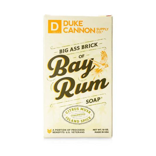Big Ass Brick of Soap - Bay Rum, 10 oz box. Triple-milled soap with citrus musk, cedarwood, and island spice scent. Size: 10 oz. Each purchase supports U.S. veterans.