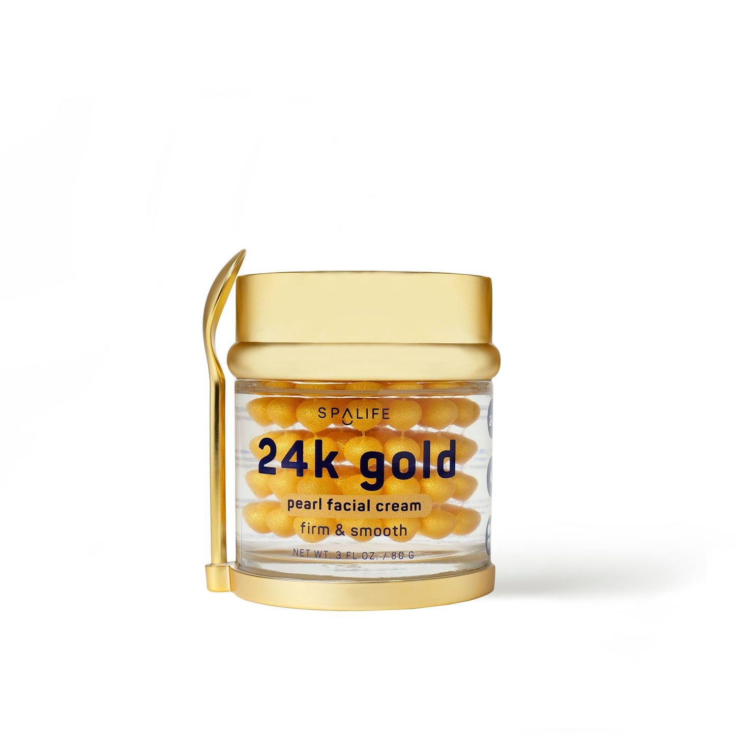 Clear jar with gold lid and base, labeled "24K Gold Firming Pearl Facial Cream," pearl capsules, gold spatula. Sizes: 30ml, 50ml.