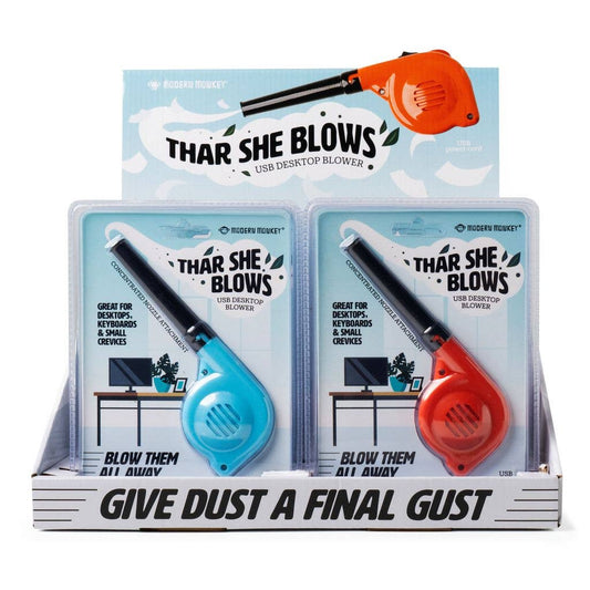 Modern Monkey® Thar She Blows USB Desktop Blowers, blue and red, compact size. For dust removal. "Give dust a final gust.