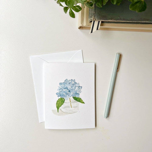 Set of 8 blank notecards, each with a watercolor hydrangea in a vase. Sizes available: not specified.
