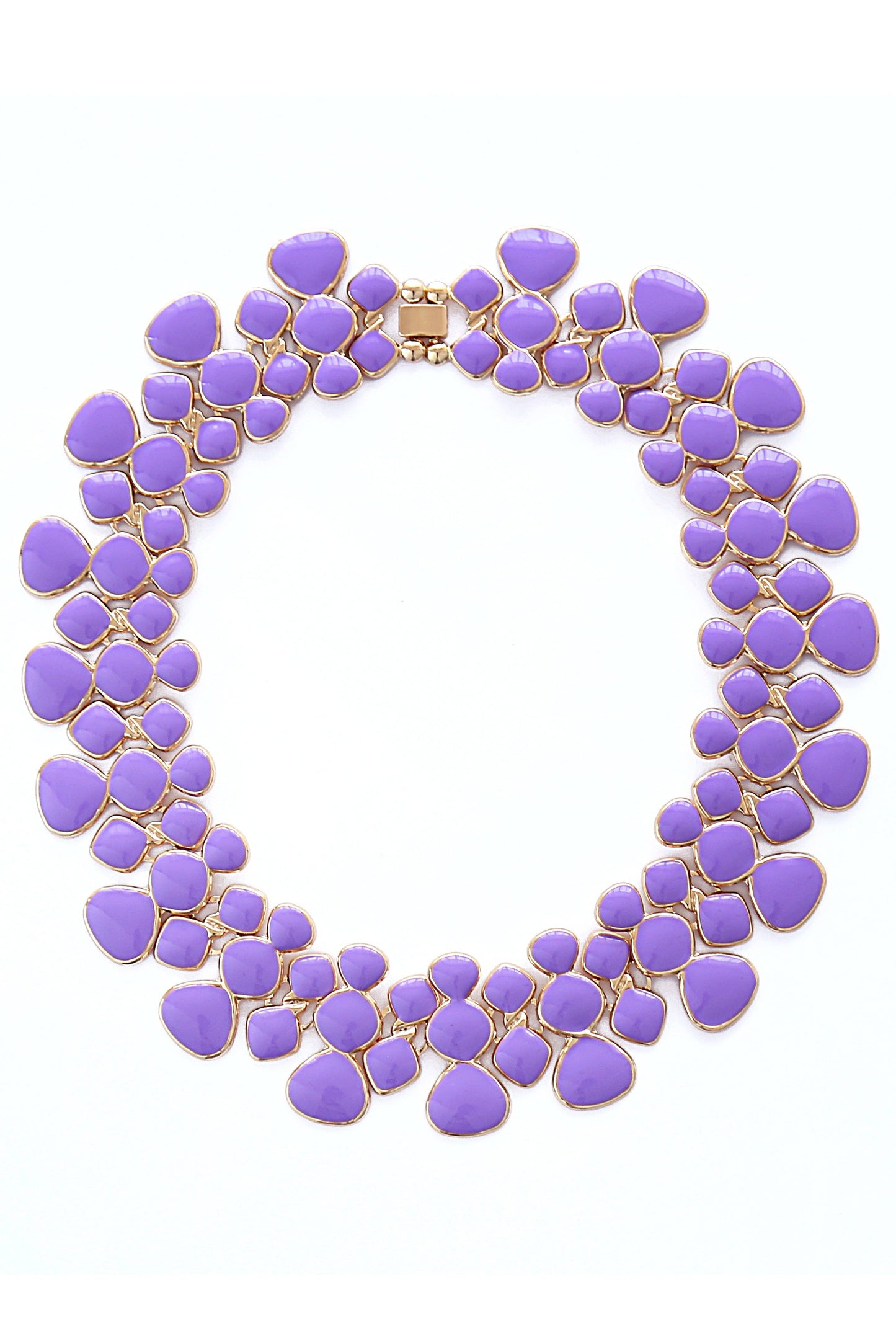 Adel Purple Collar Necklace with lavender stones, purple enamel, gold-toned metal; open circular design. Sizes: S, M, L.