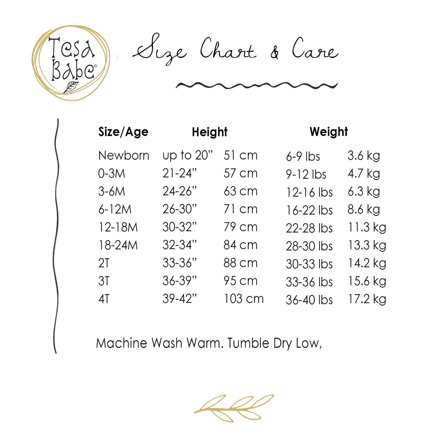 Size and care chart for romper.