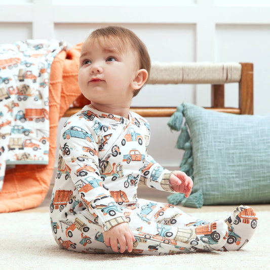 Baby Boy's Let's Ride Bamboo Zipper Romper with truck and car print. Available in sizes newborn to 24 months.