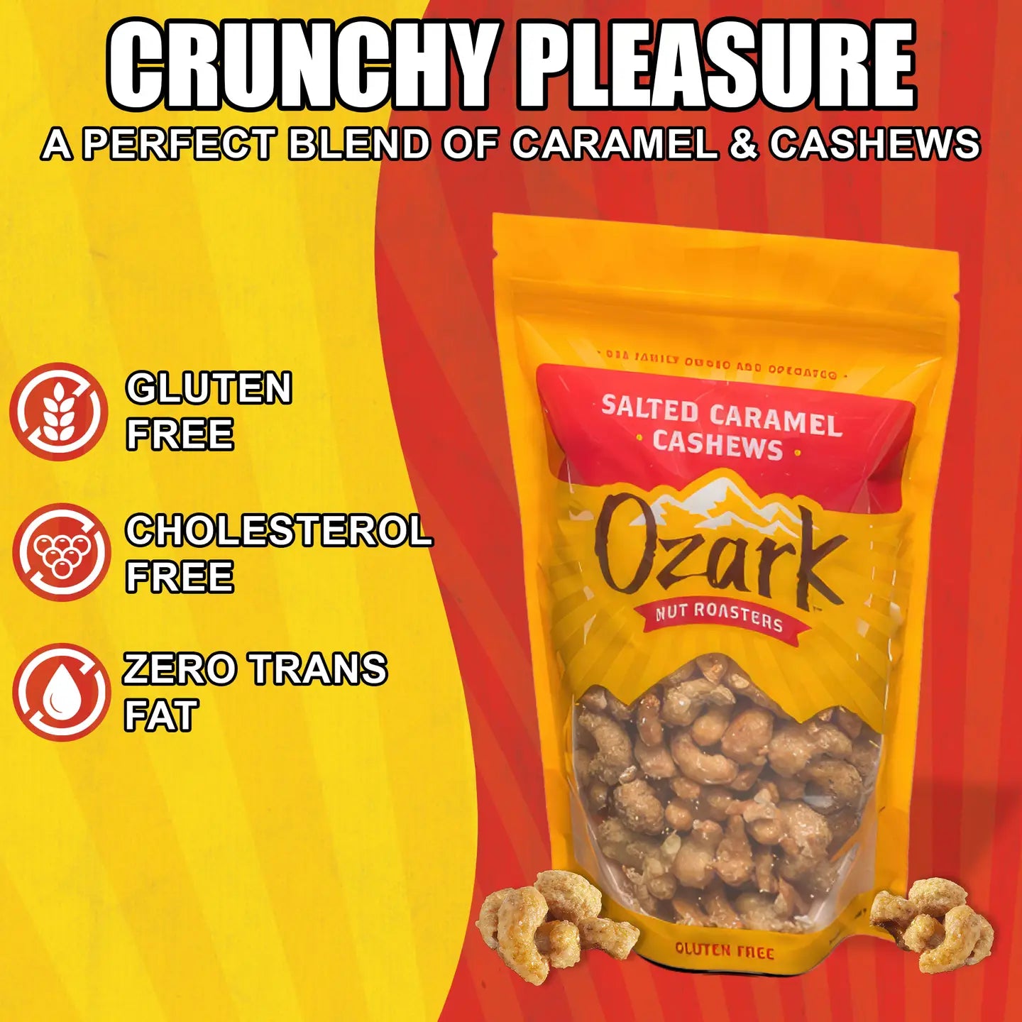 3oz Salted Caramel Cashews; gluten free, cholesterol free, zero trans fat. Cashews visible on packaging.