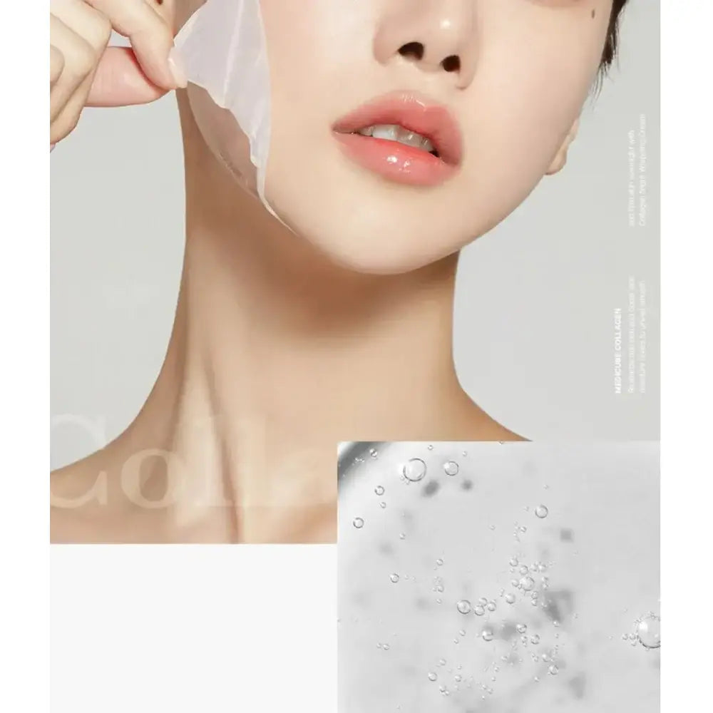 MEDICUBE Collagen Night Wrapping Mask shown peeling off; clear, bubbly texture. Available in 50ml and 100ml sizes.