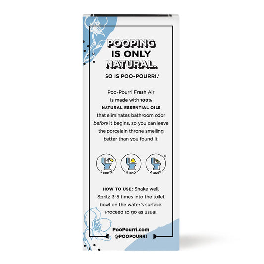 ### Fresh Air Toilet Spray
**Description:**
2oz spray to combat bathroom odors.
**Instructions:**
Shake well. Spritz 3-5 times into the toilet bowl on the water’s surface. Proceed as usual.
**Size Available:**
2oz