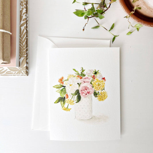 Set of 8 notecards, each 4.25" x 5.5", with watercolor floral bouquet in white vase; envelopes included.