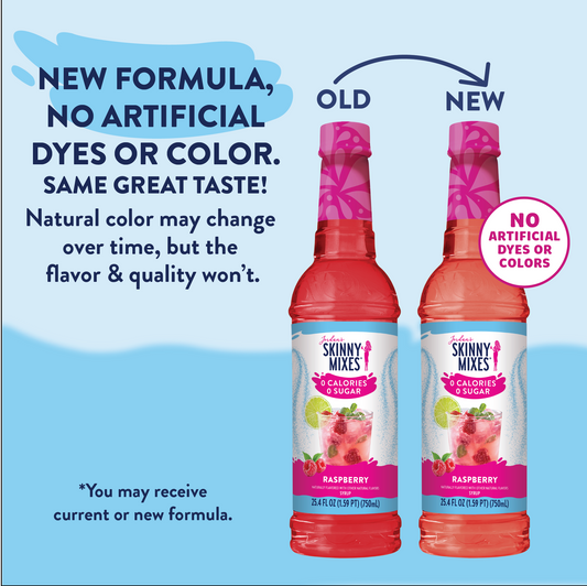 Sugar Free Raspberry Syrup, keto-friendly, zero calorie. New bottle: "NO ARTIFICIAL DYES OR COLORS." Sizes: 16oz, 24oz.