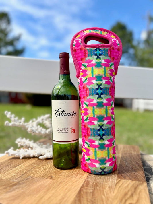 Laura Park Pink Paradise Wine Sleeve with pink handles, available in small and large sizes.