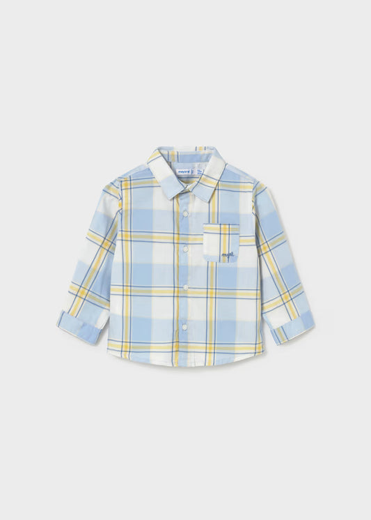 Long sleeve children’s button-up shirt in light blue, yellow, and white plaid with a chest pocket; lightweight cotton. Available in sizes 2T-7.