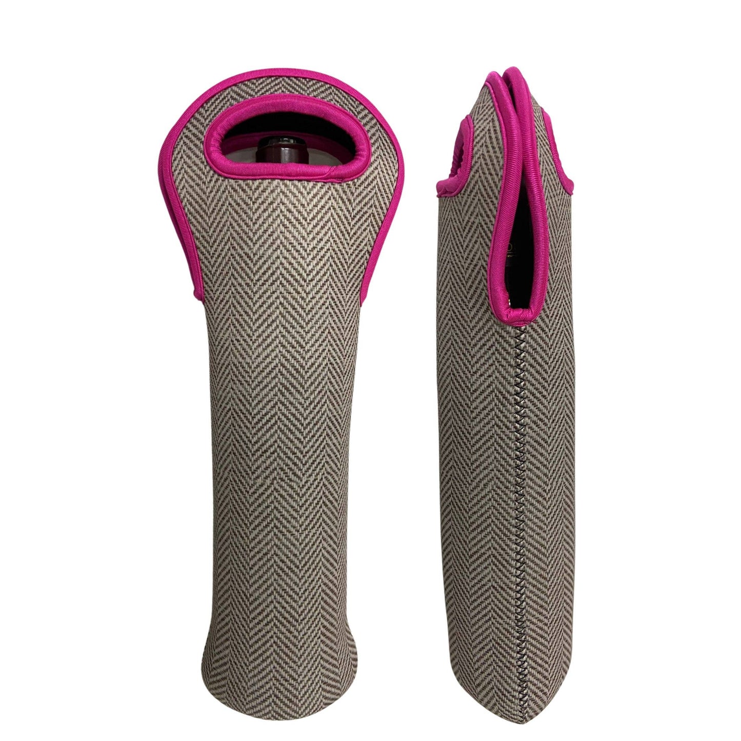 The Cathy Wine Sleeve: neoprene carrier with herringbone pattern, pink trim, handle opening. Available in standard wine size.