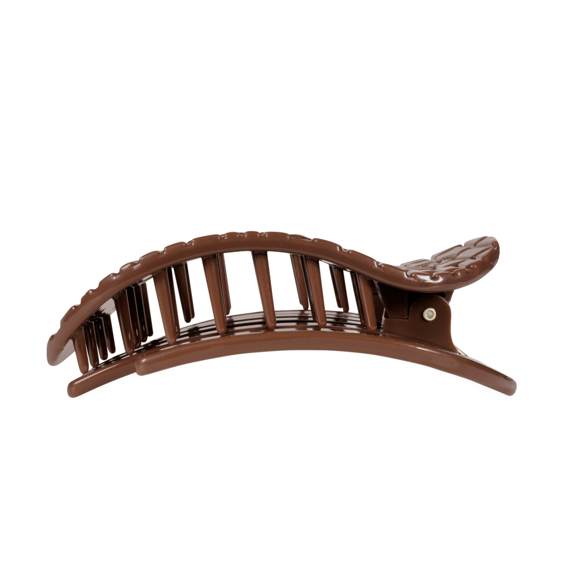 Brown Crocodile Large Flat Round Hair Clip with curved design, interlocking teeth, and sleek brown plastic finish. Available in large size.
