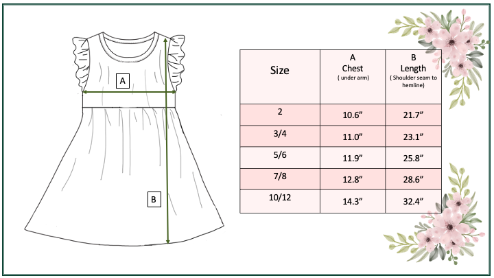 Girls Claire Pink Floral Print Twirl Dress with chest width and length marked; available in sizes 2–10/12.